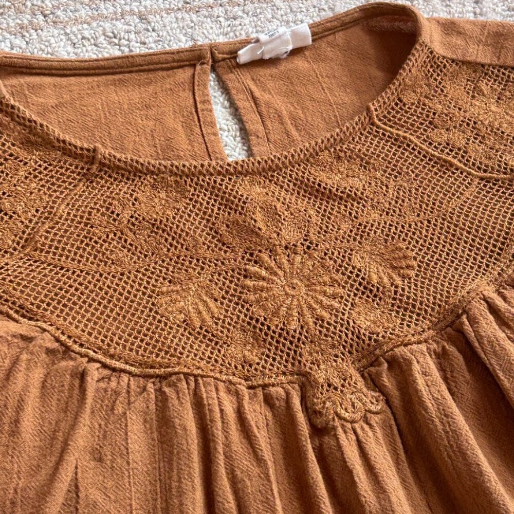 Brown Embroidered Lace Yoke Peasant Blouse Cotton Boho Folk Anthropology women L - Picture 9 of 16